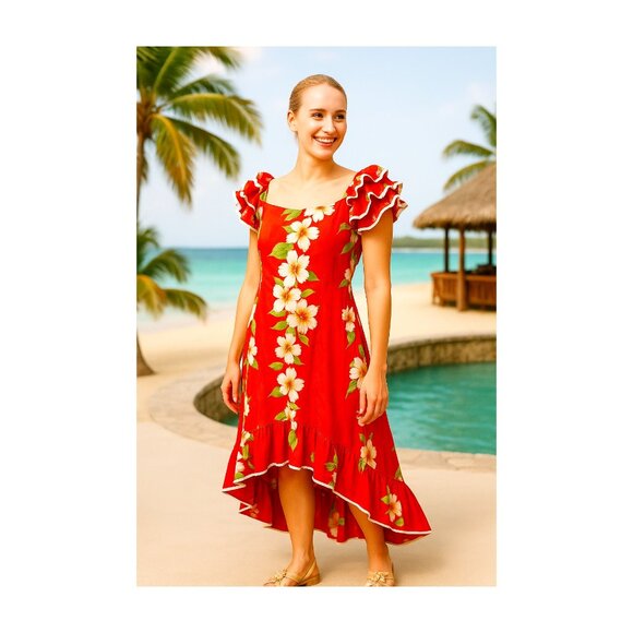 Vintage Hawaiian Ruffle Floral Dress – Bold Orange & White Hibiscus – Medium - Picture 1 of 5
